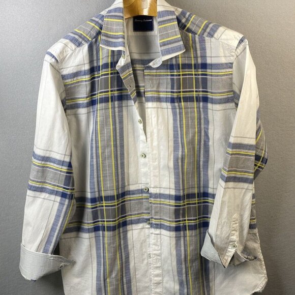 Tommy Bahama Shirt Mens Large Silk Cotton Blend White Blue Geometric‎ Button Up - Picture 1 of 12